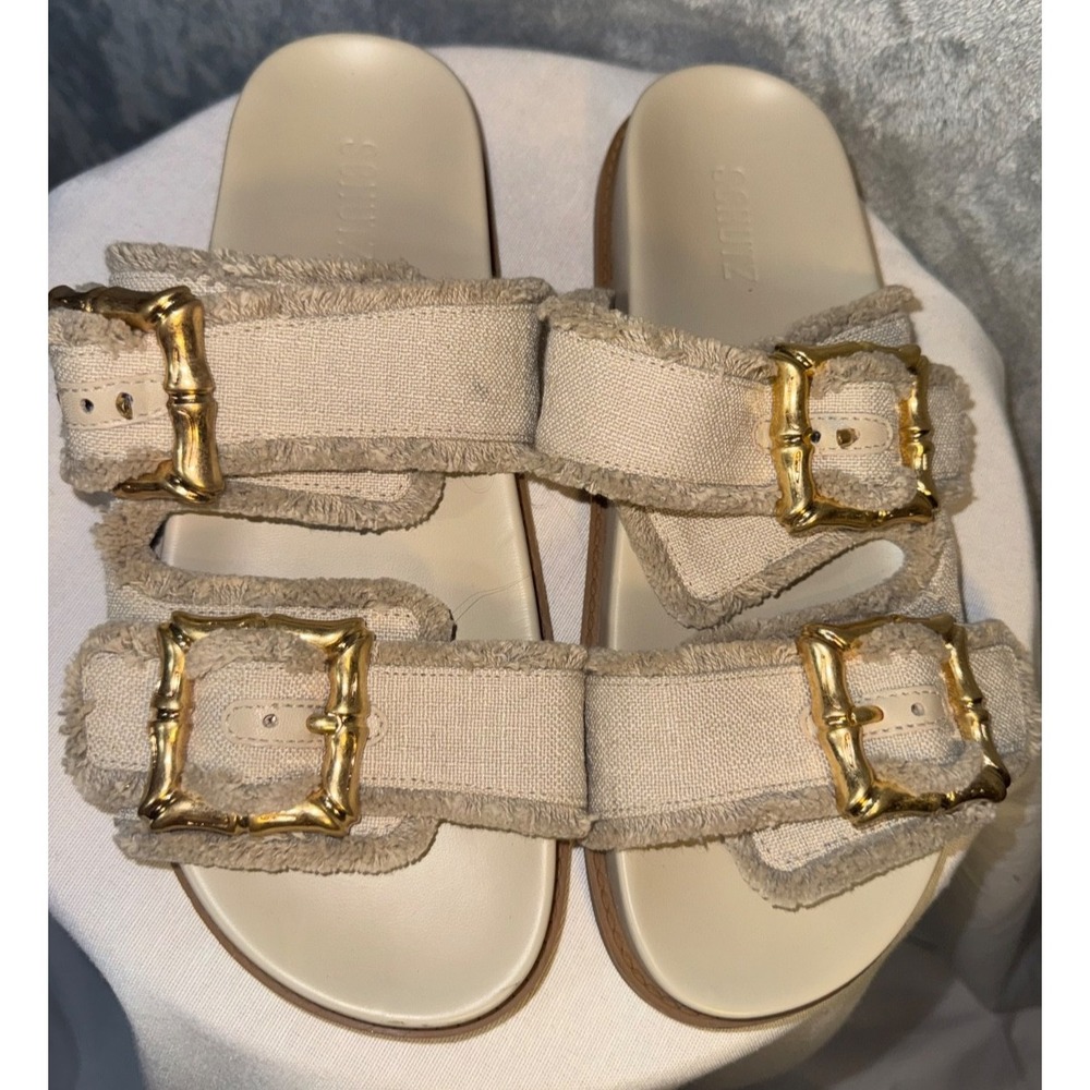 Schutz Enola Sporty Linen Sandals Slides Oyster Beige Cream Sz 10 B quiet luxury
